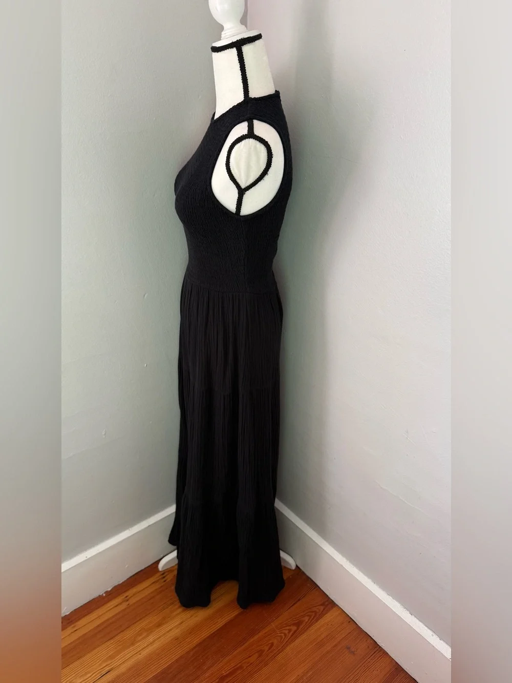 Calvin Klein Smocked Tiered Cotton Gauze Maxi Dress Black Size 2 Minimalist - Picture 2 of 8